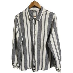 Orvis Women’s Striped Linen Blend Button Front Shirt Roll Tab Sleeve White Blue